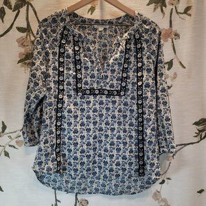 Beachlunchlounge Women's White & Blue Floral Bohemian Blouse Size Small